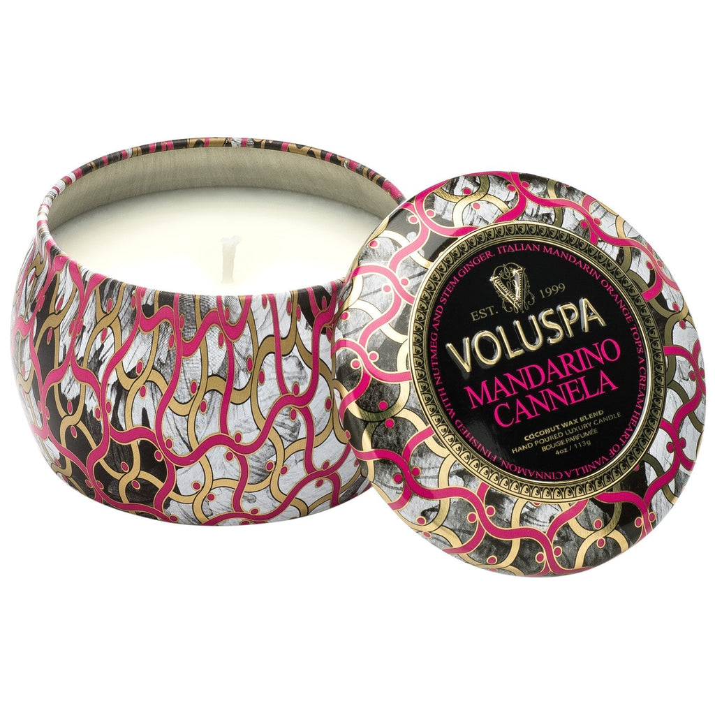 Petite Decorative Tin Candle in Mandarino Cannela design by Voluspa