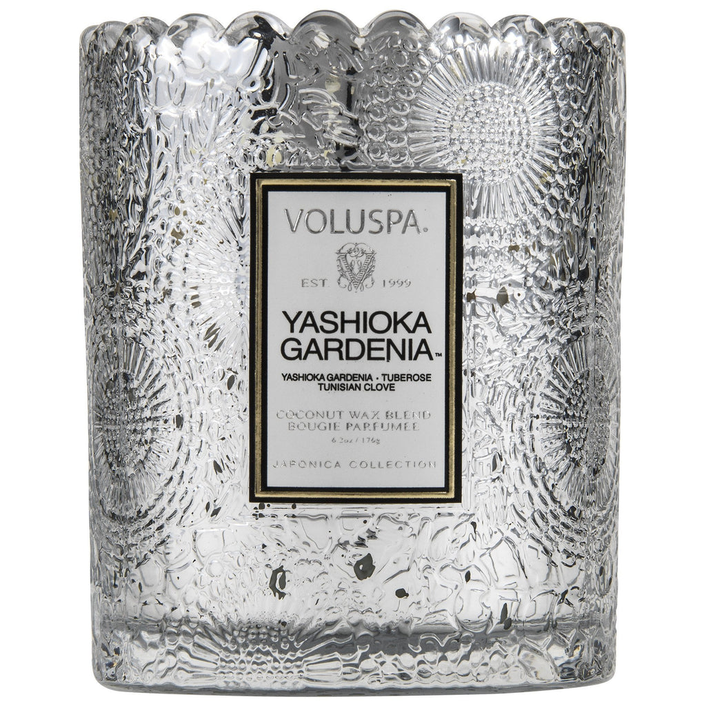 Scalloped Edge Embossed Glass Candle in Yashioka Gardenia design by Voluspa