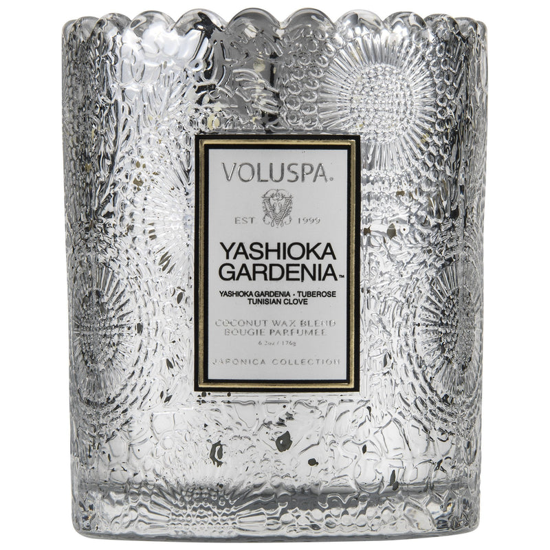 Scalloped Edge Embossed Glass Candle in Yashioka Gardenia design by Voluspa