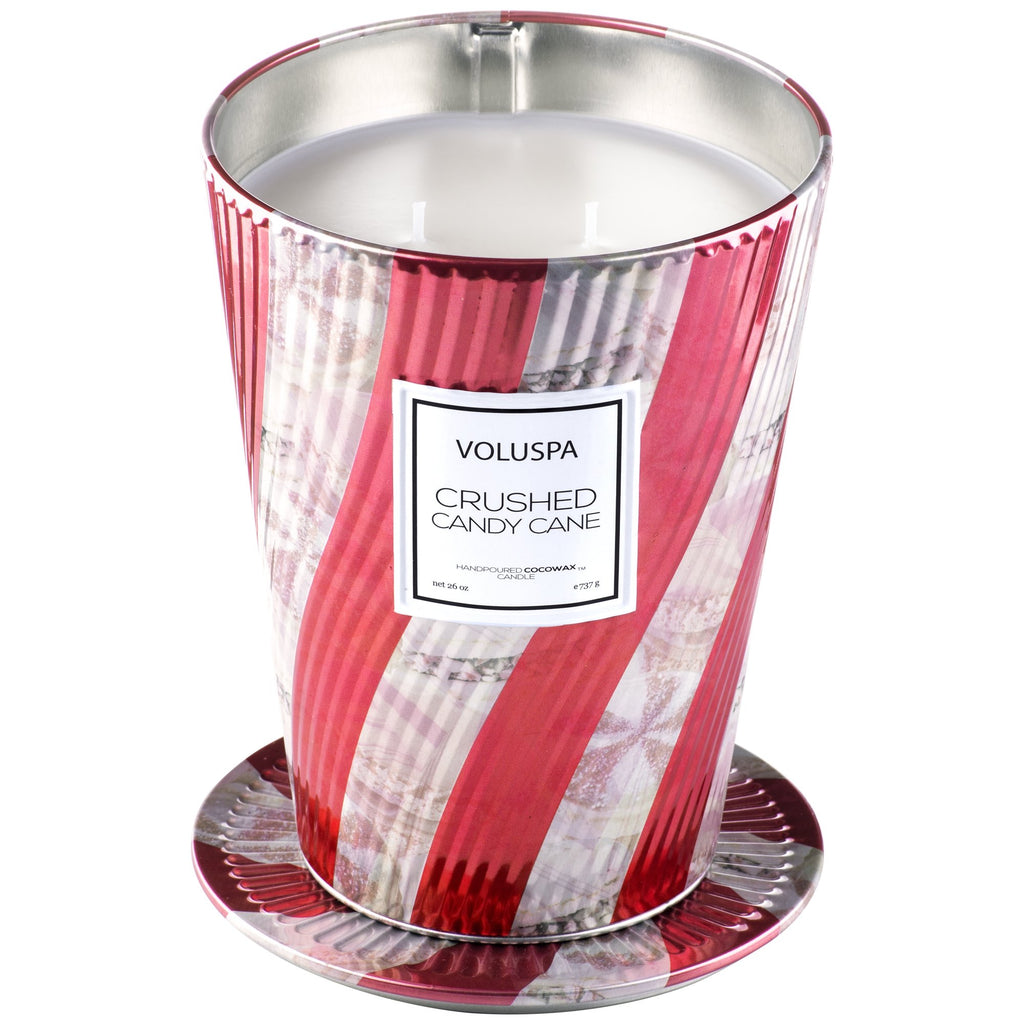 2 Wick Tin Table Candle in Crushed Candy Cane design by Voluspa