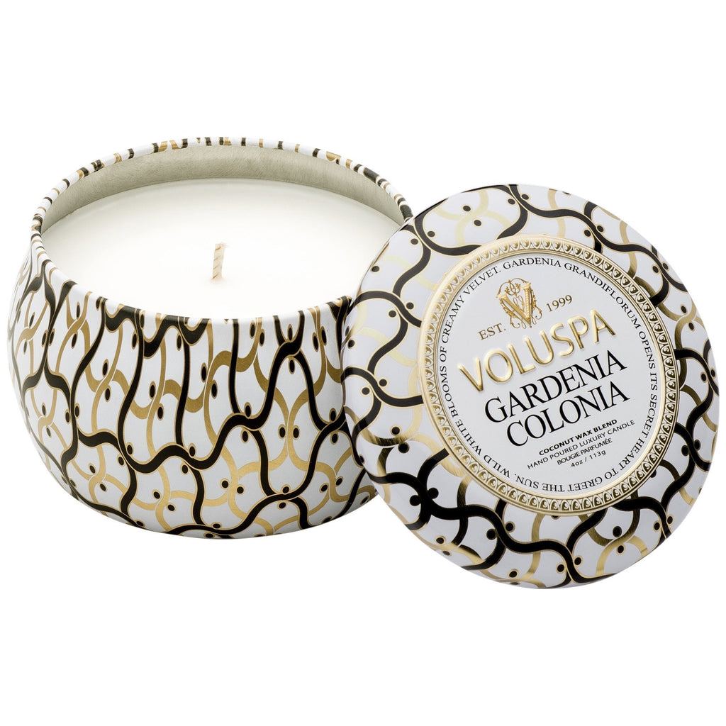 Petite Decorative Tin Candle in Gardenia Colonia design by Voluspa