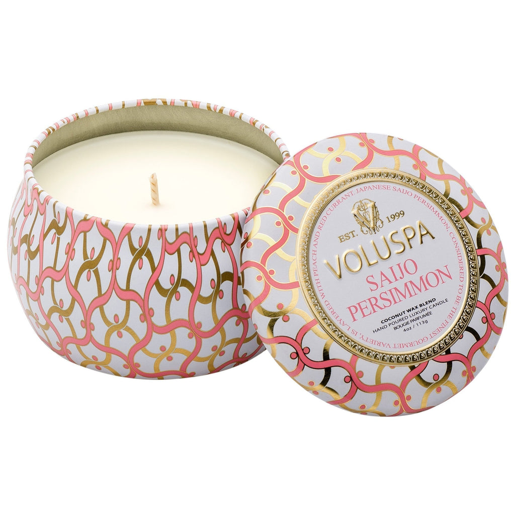 Petite Decorative Tin Candle in Saijo Persimmon design by Voluspa