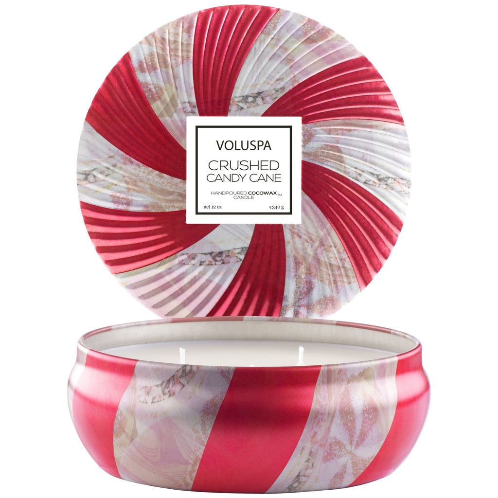 3 Wick Candle in Decorative Tin in Crushed Candy Cane design by Voluspa