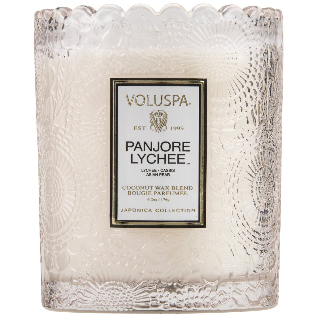 Scalloped Edge Embossed Glass Candle in Panjore Lychee design by Voluspa