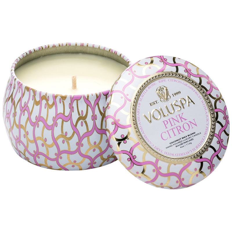 Petite Decorative Tin Candle in Pink Citron design by Voluspa