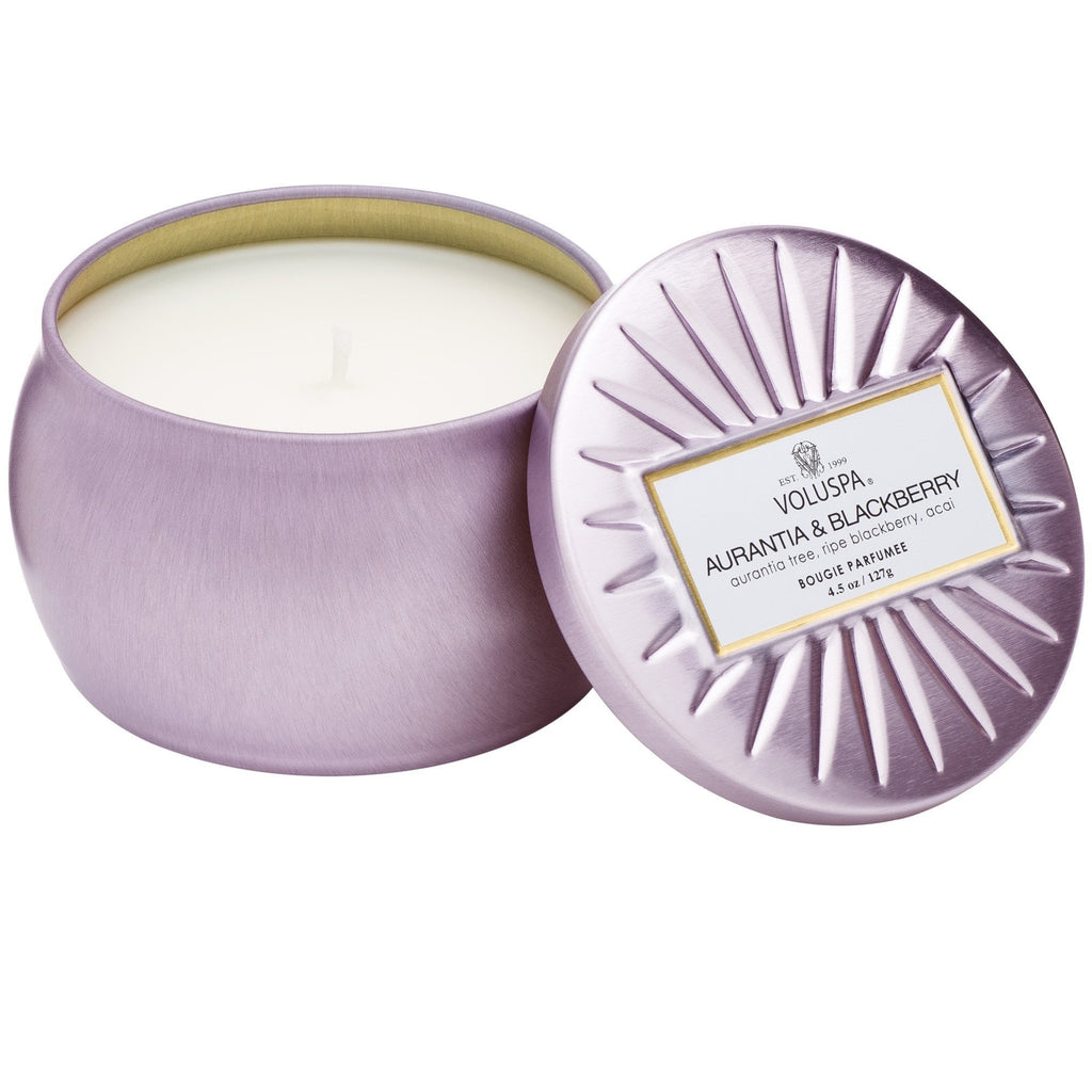 Petite Decorative Tin Candle in Aurantia & Blackberry design by Voluspa