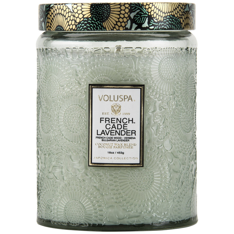 Large Embossed Glass Jar Candle in French Cade Lavender design by Voluspa