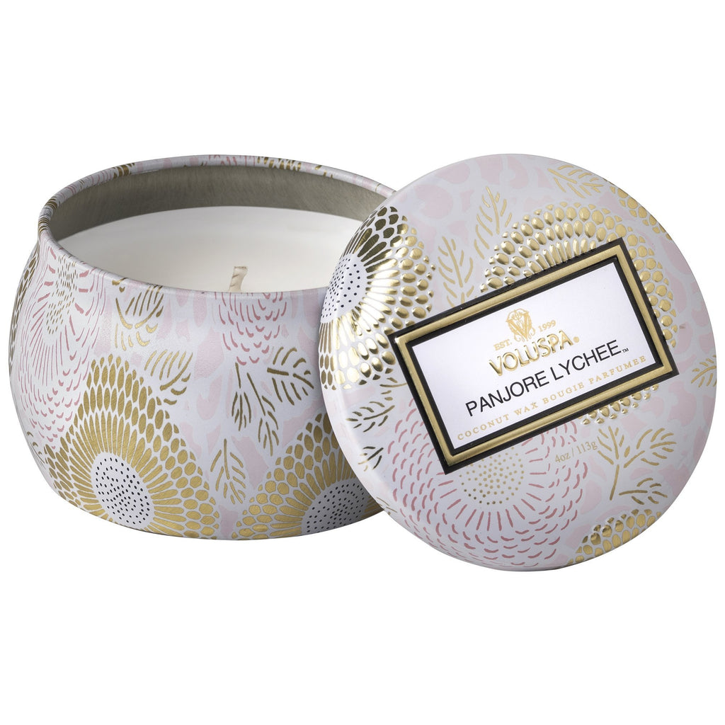 Petite Decorative Tin Candle in Panjore Lychee design by Voluspa