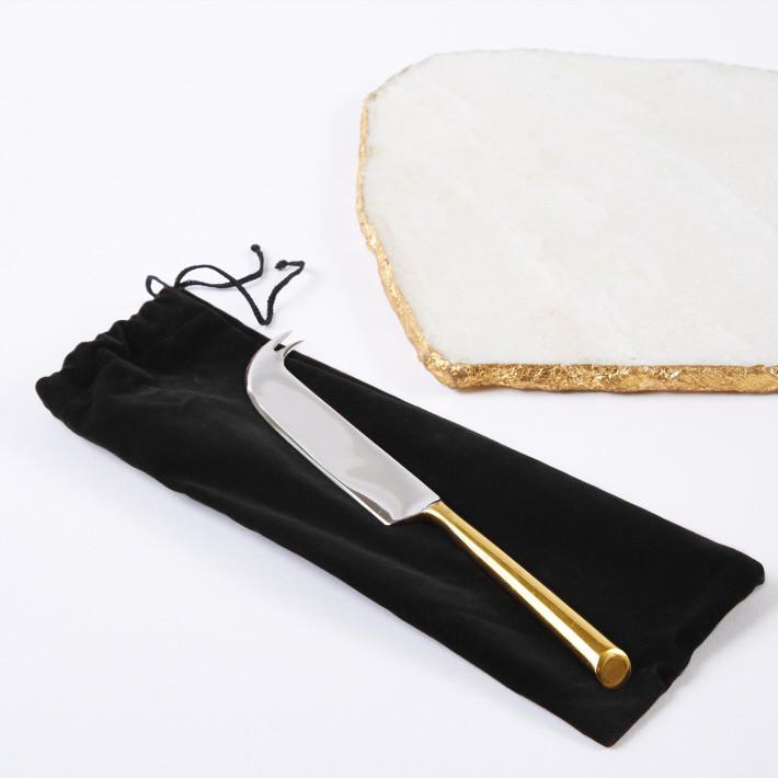 White Marble Cheese Plate in Gold with Knife by Two's Company