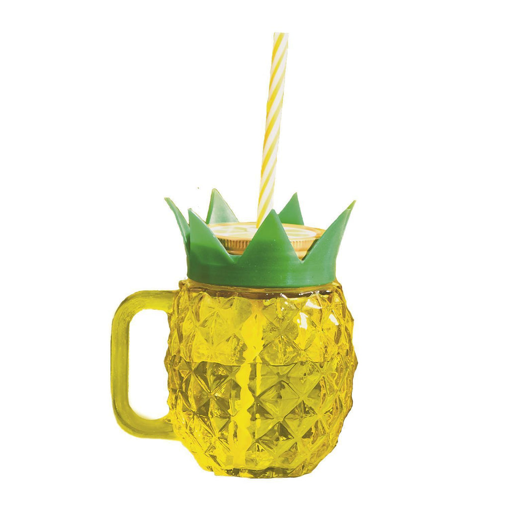 Club Tropicana Set of 4 Pineapple Drinking Glasses with Lids and Straws in Gift Box