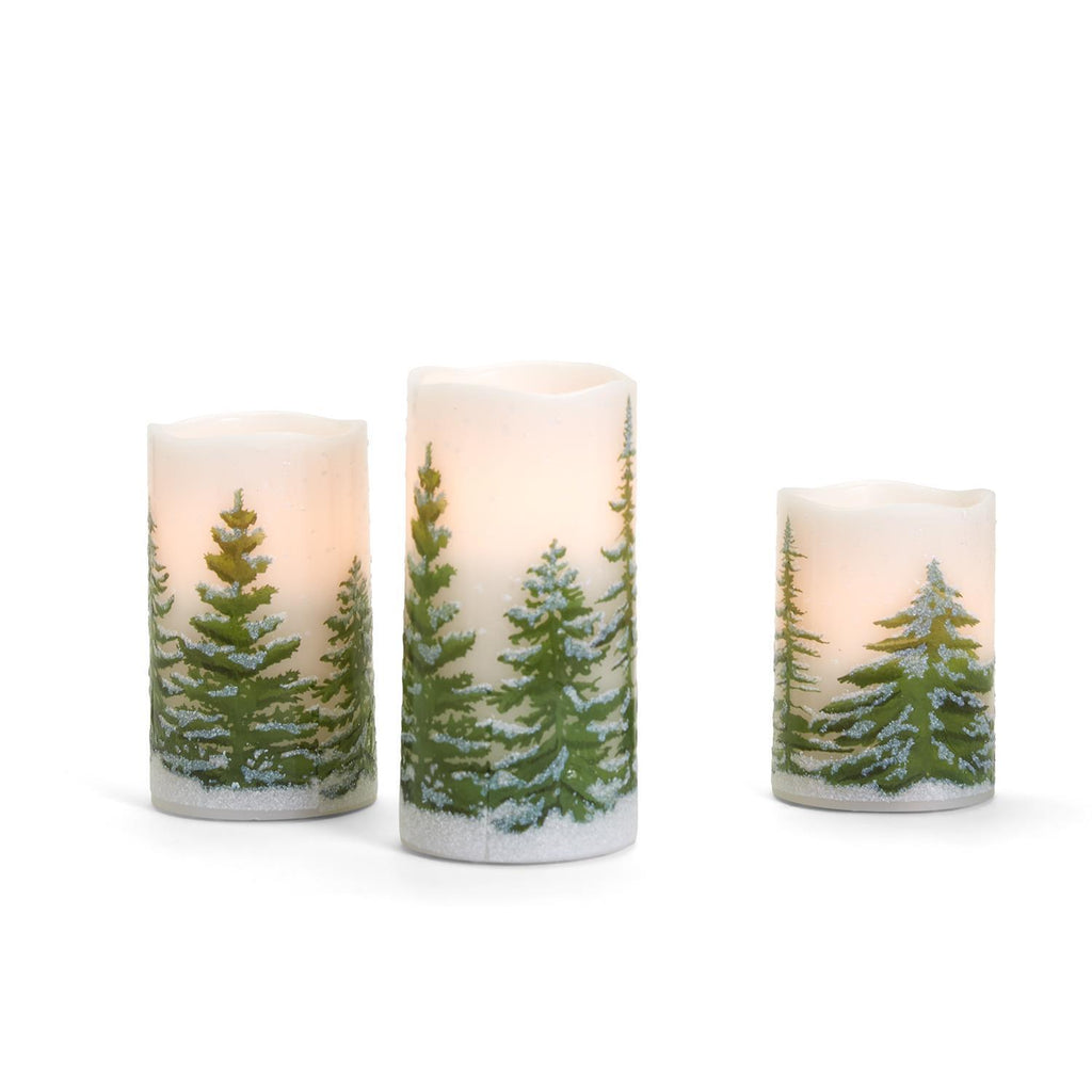 Decorative Evergreens Flameless Flickering LED Pillar Candles, Set of 3