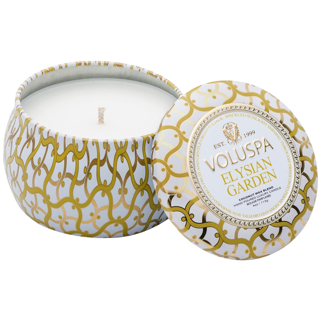 Petite Decorative Tin Candle in Elysian Garden design by Voluspa