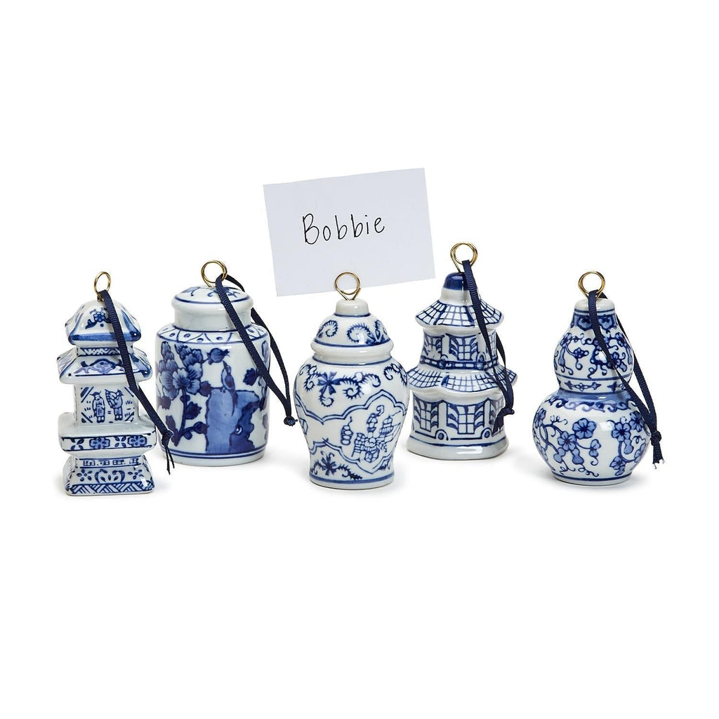 Chinoiseries Blue and White Hand-Painted Ornaments - Set of 5