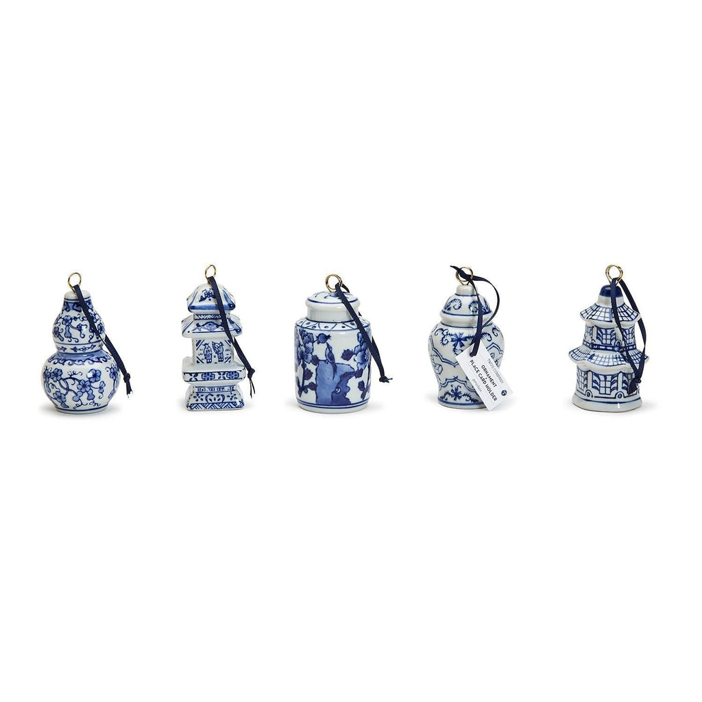 Chinoiseries Blue and White Hand-Painted Ornaments - Set of 5