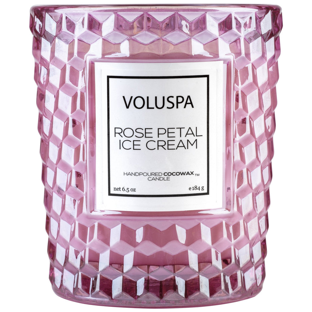 Classic Textured Glass Candle in Rose Petal Ice Cream design by Voluspa