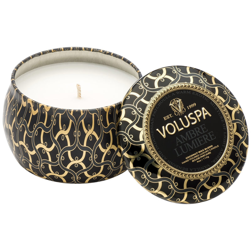 Petite Decorative Tin Candle in Ambre Lumiere design by Voluspa