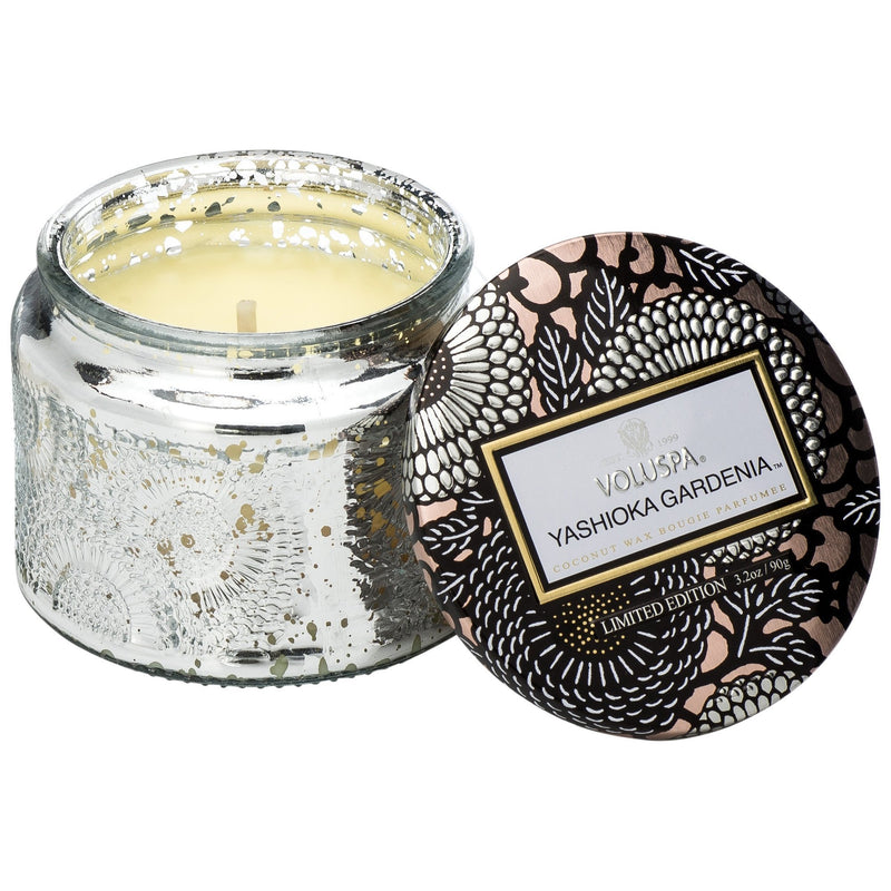 Petite Embossed Glass Jar Candle in Yashioka Gardenia design by Voluspa