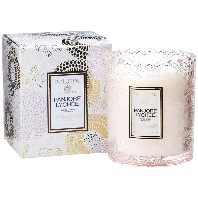 Scalloped Edge Embossed Glass Candle in Panjore Lychee design by Voluspa