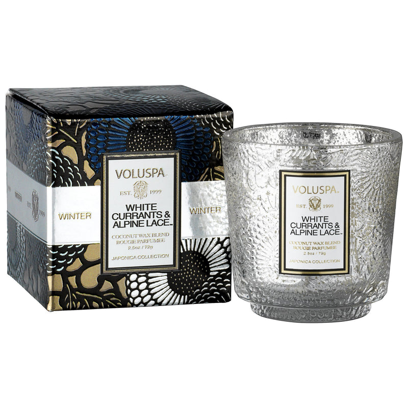 Pedestal 3 Wick Tin Candle in White Currants & Alpine Lace design by Voluspa