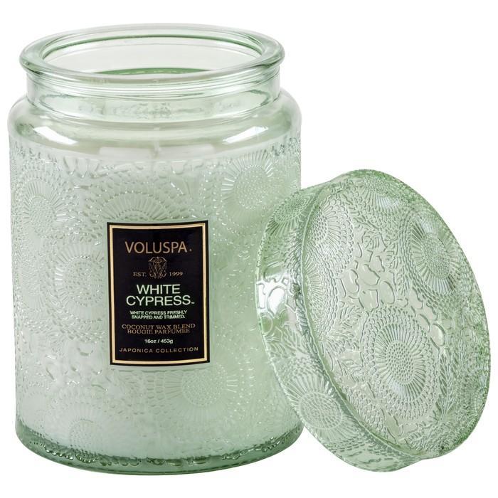 Large Embossed Glass Jar Candle in White Cypress