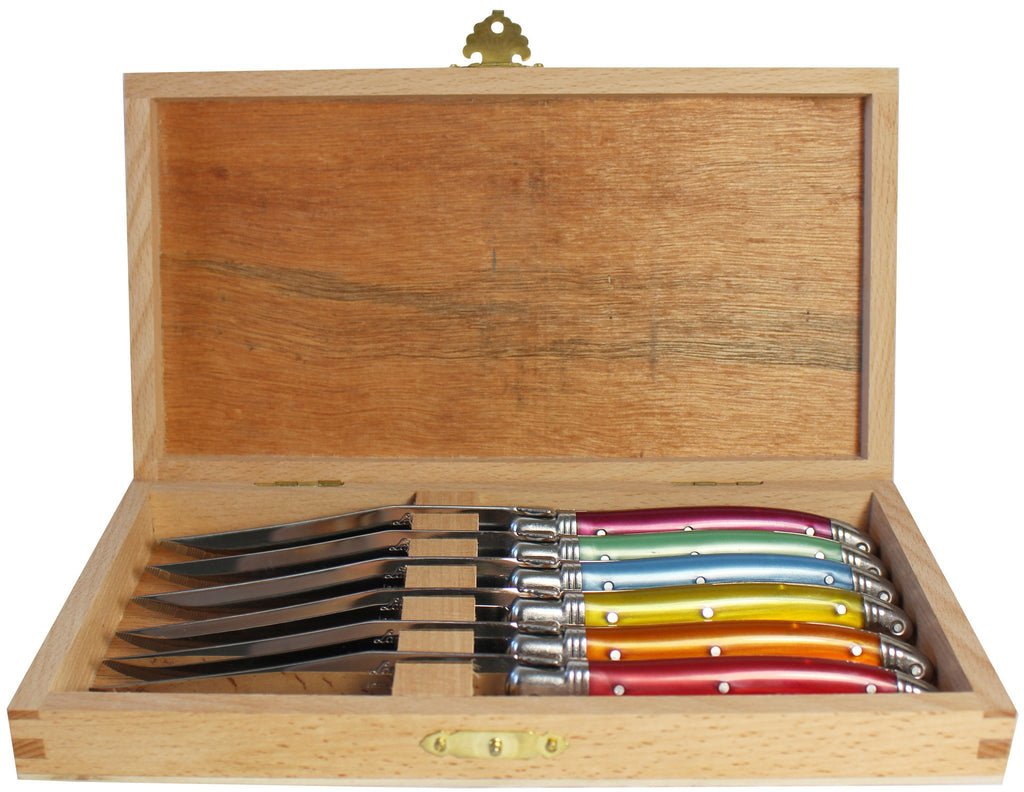 Laguiole Rainbow Knives in Wooden Box in Presentation Box (Set of 6)