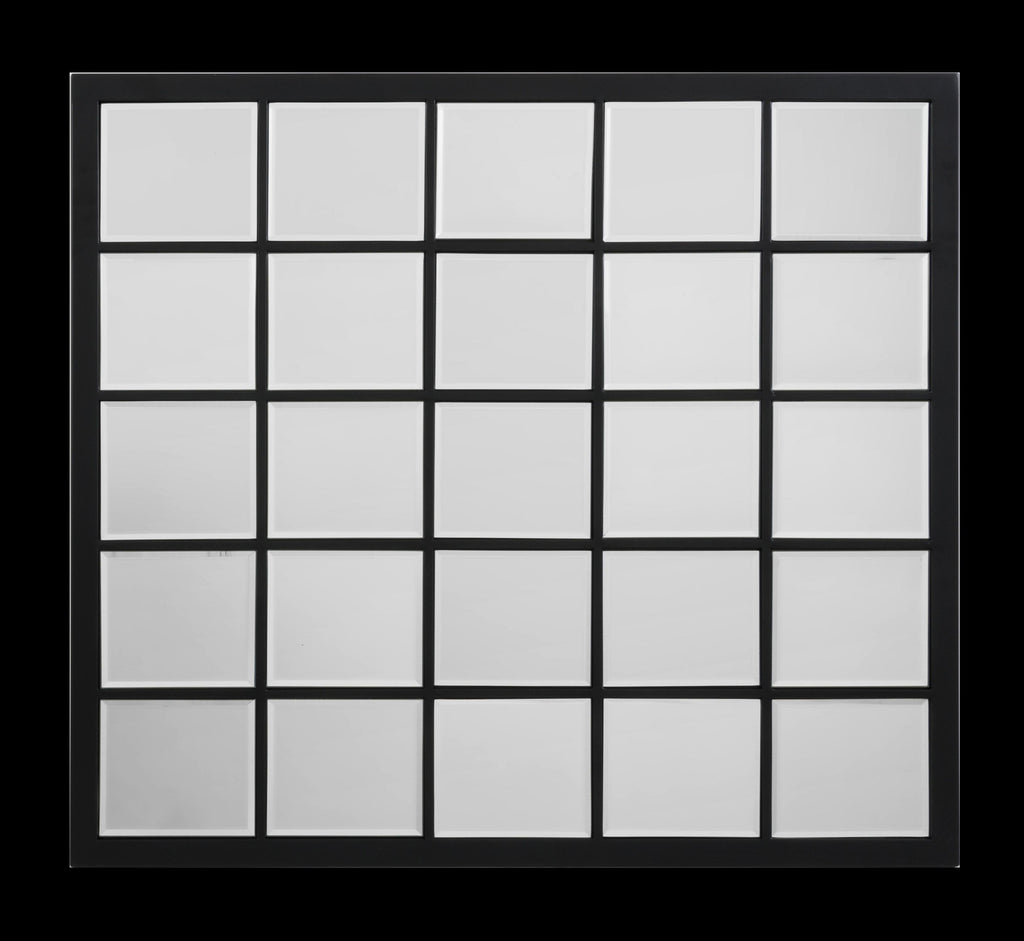 Rectangular Black Metal Grid Mirror with Paned Beveled Glass