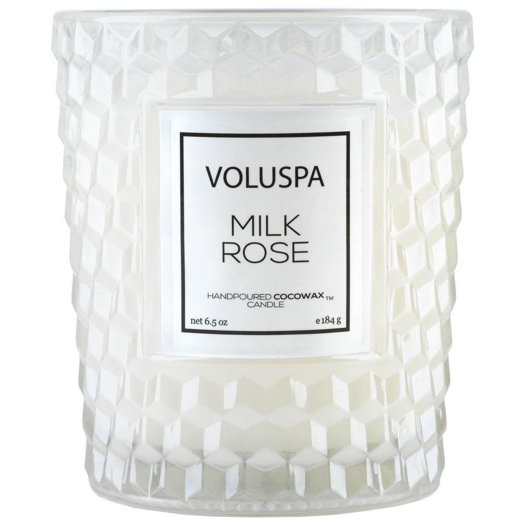 Classic Textured Glass Candle in Milk Rose design by Voluspa