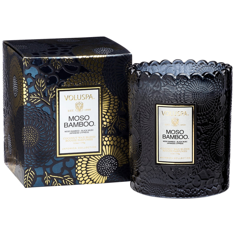 Scalloped Edge Embossed Glass Candle in Moso Bamboo design by Voluspa