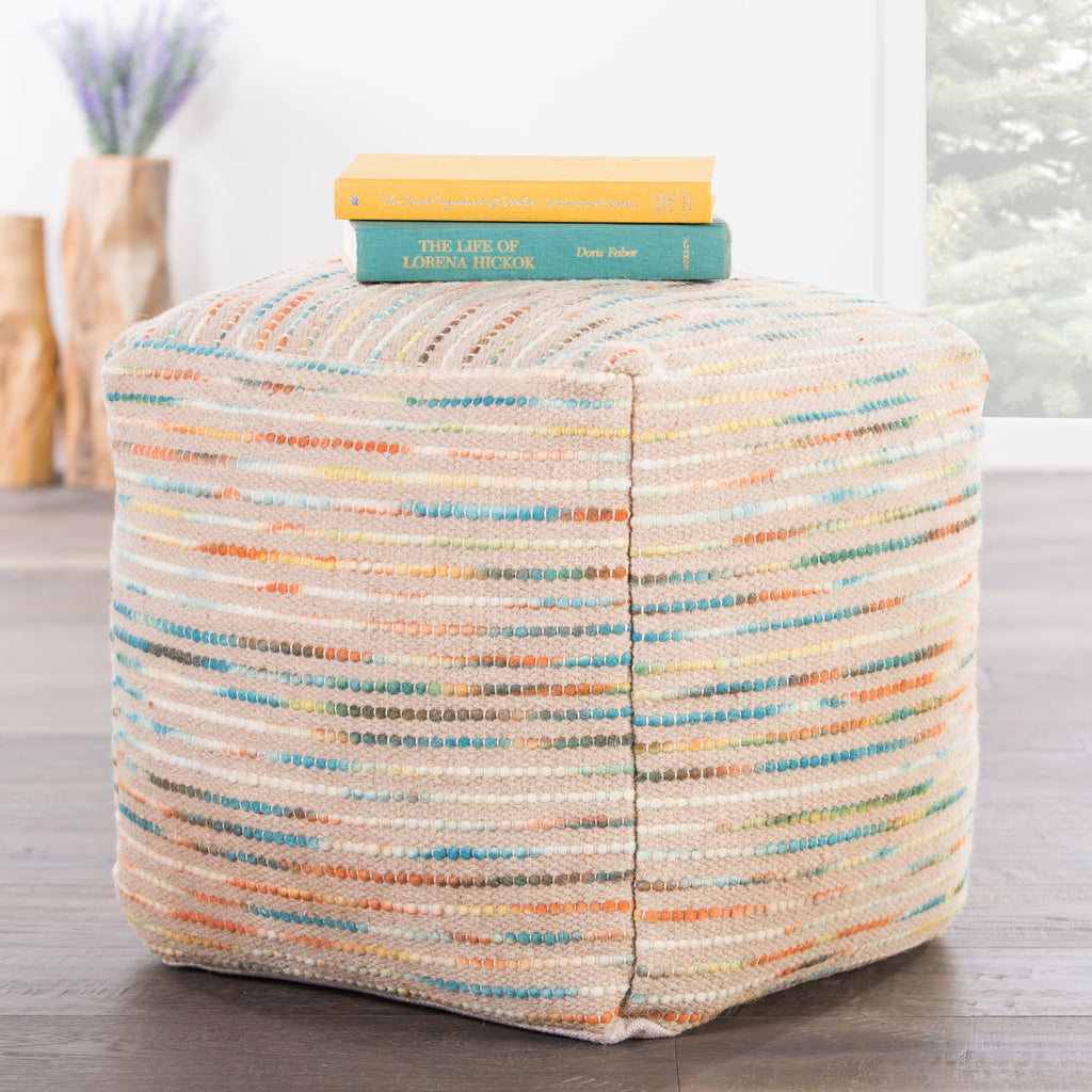 Almi Beige & Multicolor Stripe Square Pouf