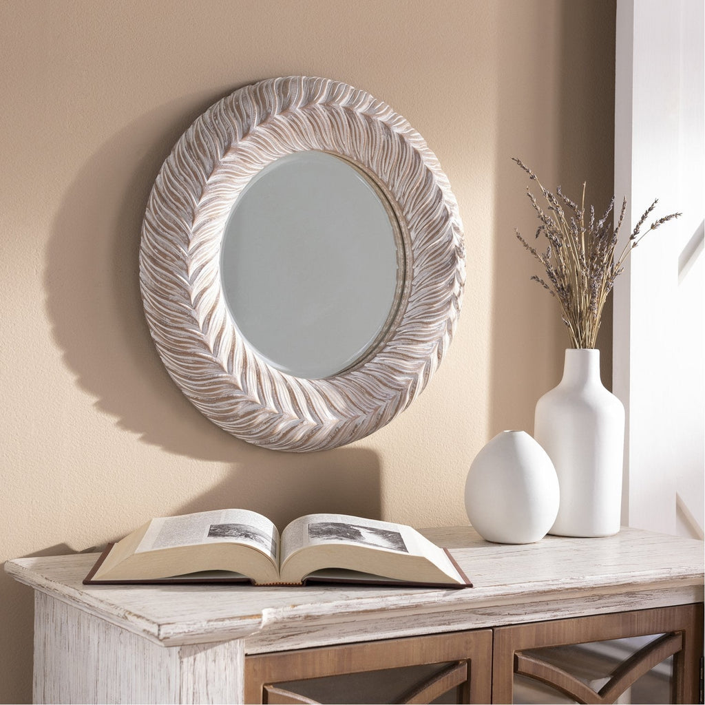 Tanu ANU-001 Round Mirror in Tan & White Washed by Surya