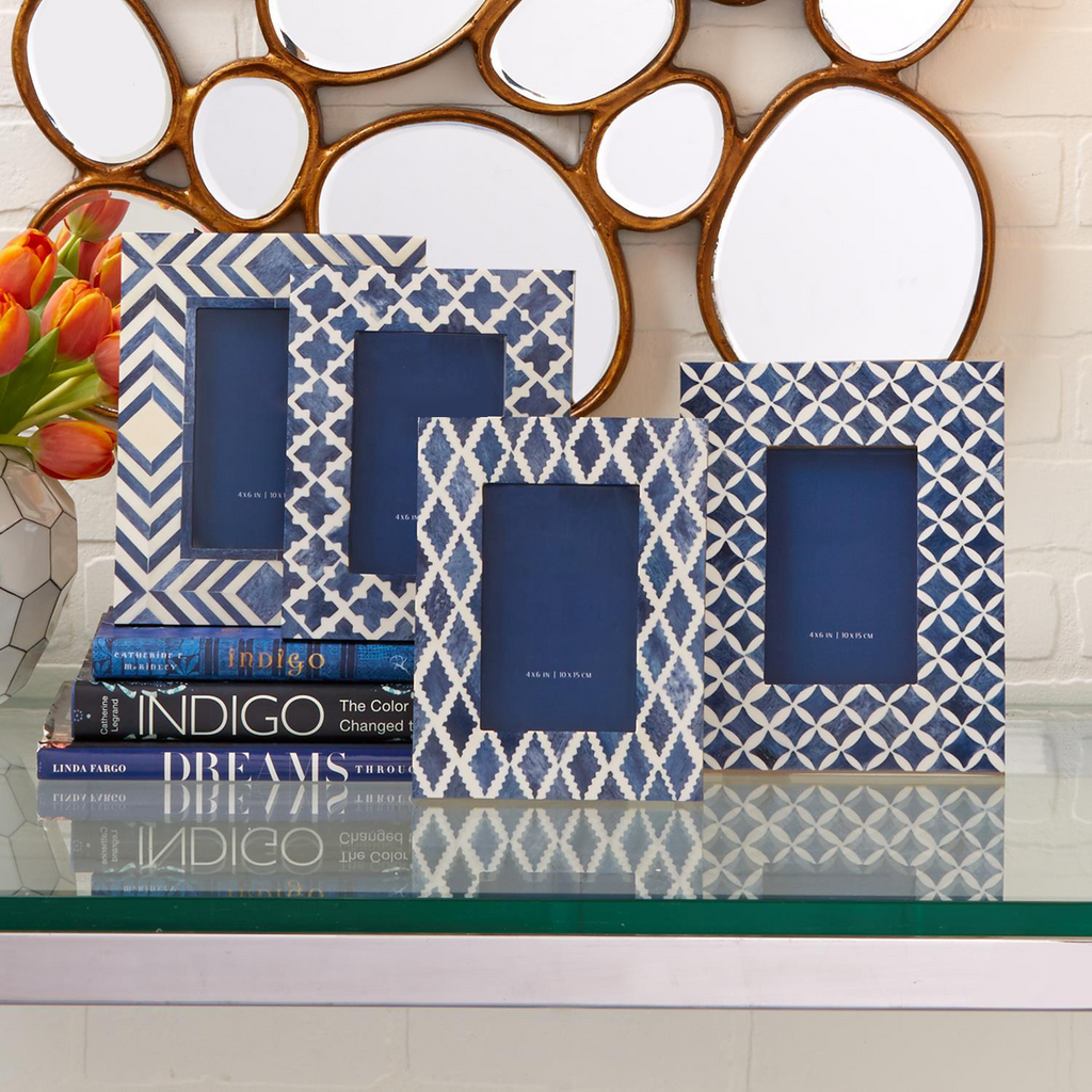 Blue and White Modern 4" x 6" Bone Mosaic Photo Frame