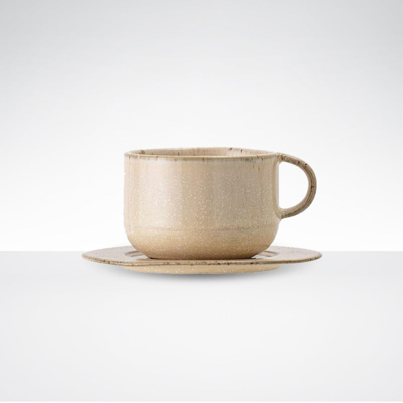 Beige Speckled Stoneware Cup With Saucer