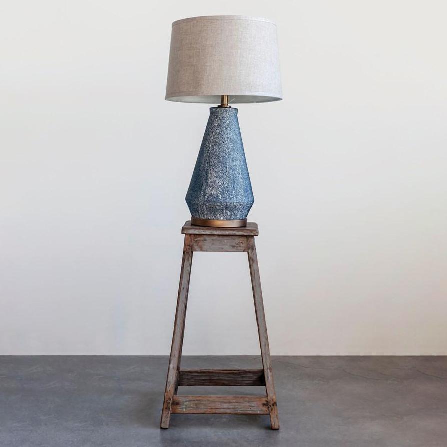 Blue Ceramic Table Lamp with Natural Linen Shade