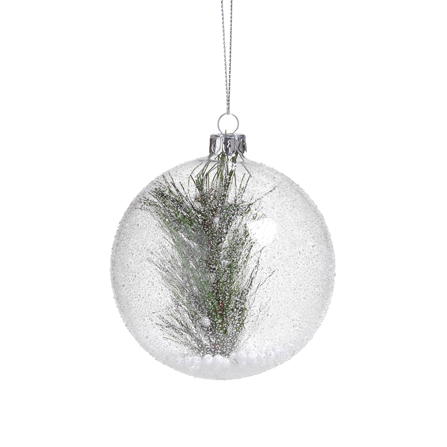 6 Piece Clear Beaded Round Ornament w/ Pine Needle