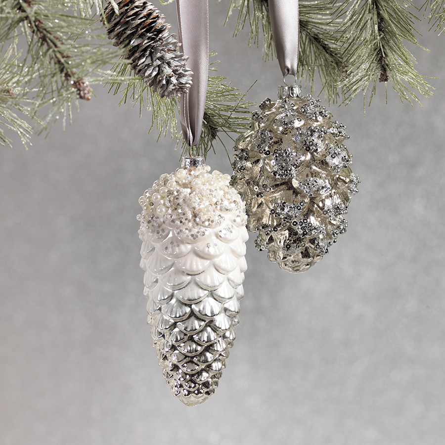 6 Piece Silver Pinecone Christmas Hanging Ornament Set