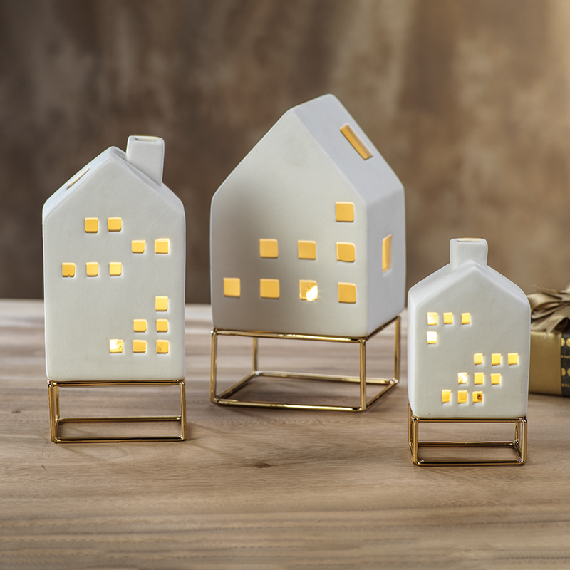 LED Ceramic House on Gold Metal Base in Various Sizes