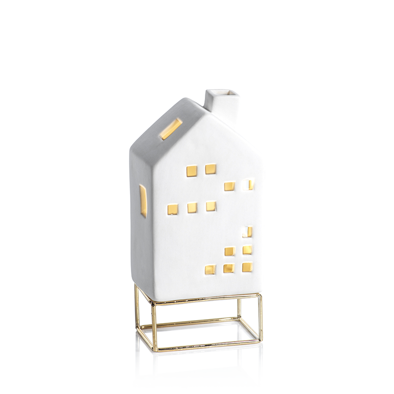 LED Ceramic House on Gold Metal Base in Various Sizes