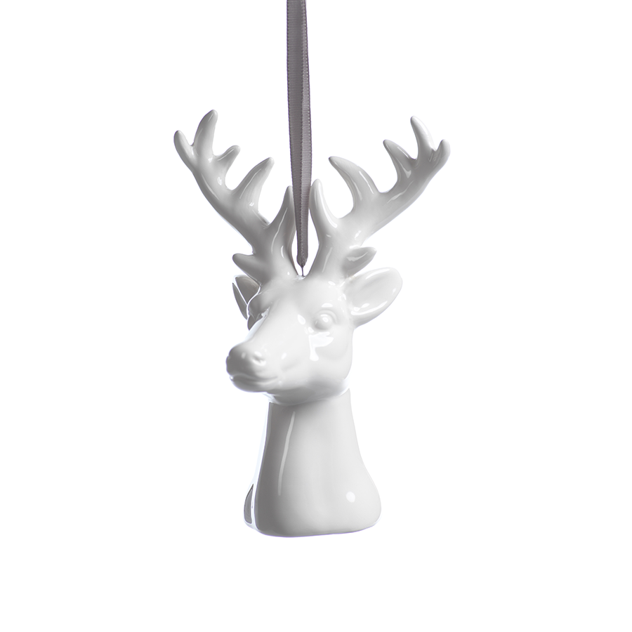 White Ceramic Reindeer Christmas Hanging Ornaments - Set of 6