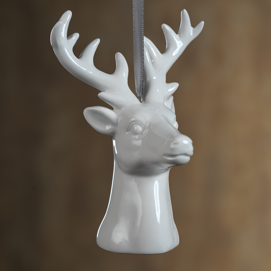 White Ceramic Reindeer Christmas Hanging Ornaments - Set of 6