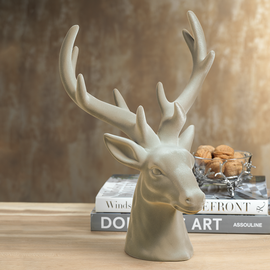 Flocked Stag Head Figurine Statue