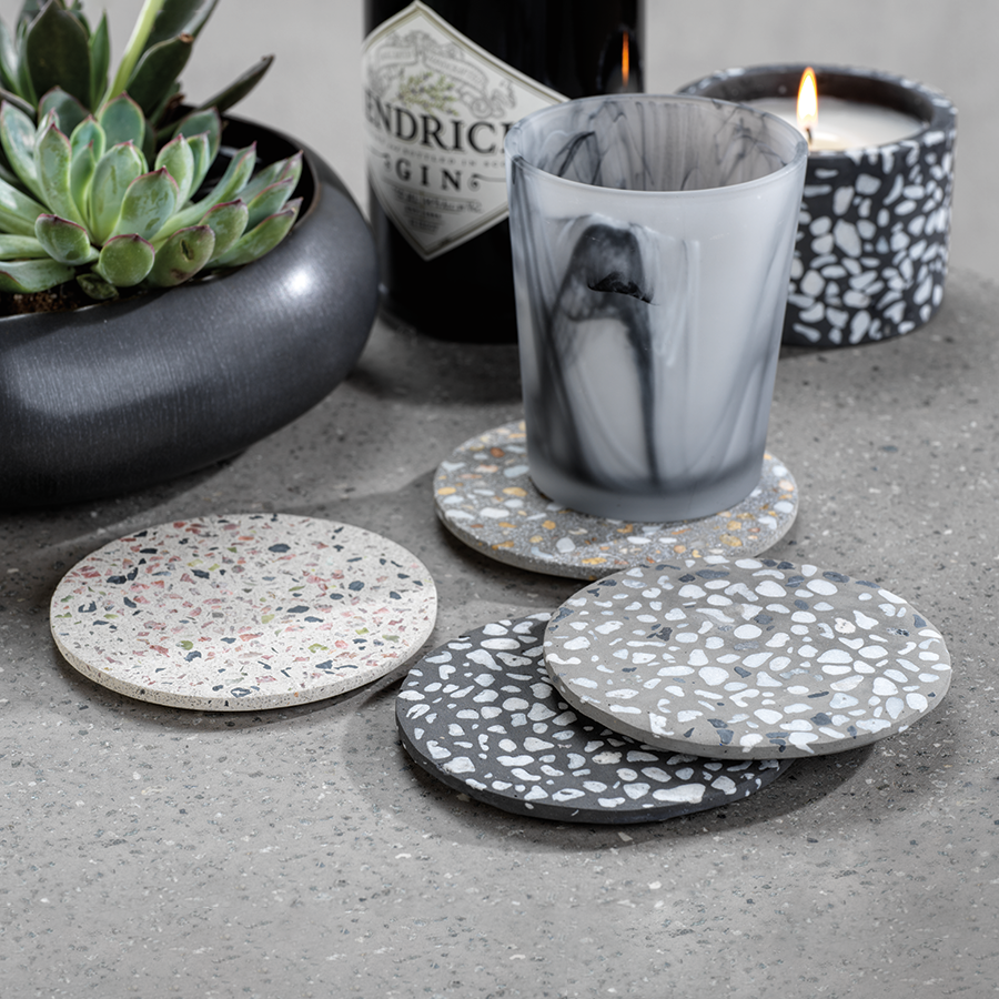 Artisanal Round Terrazzo Coaster Set in Black