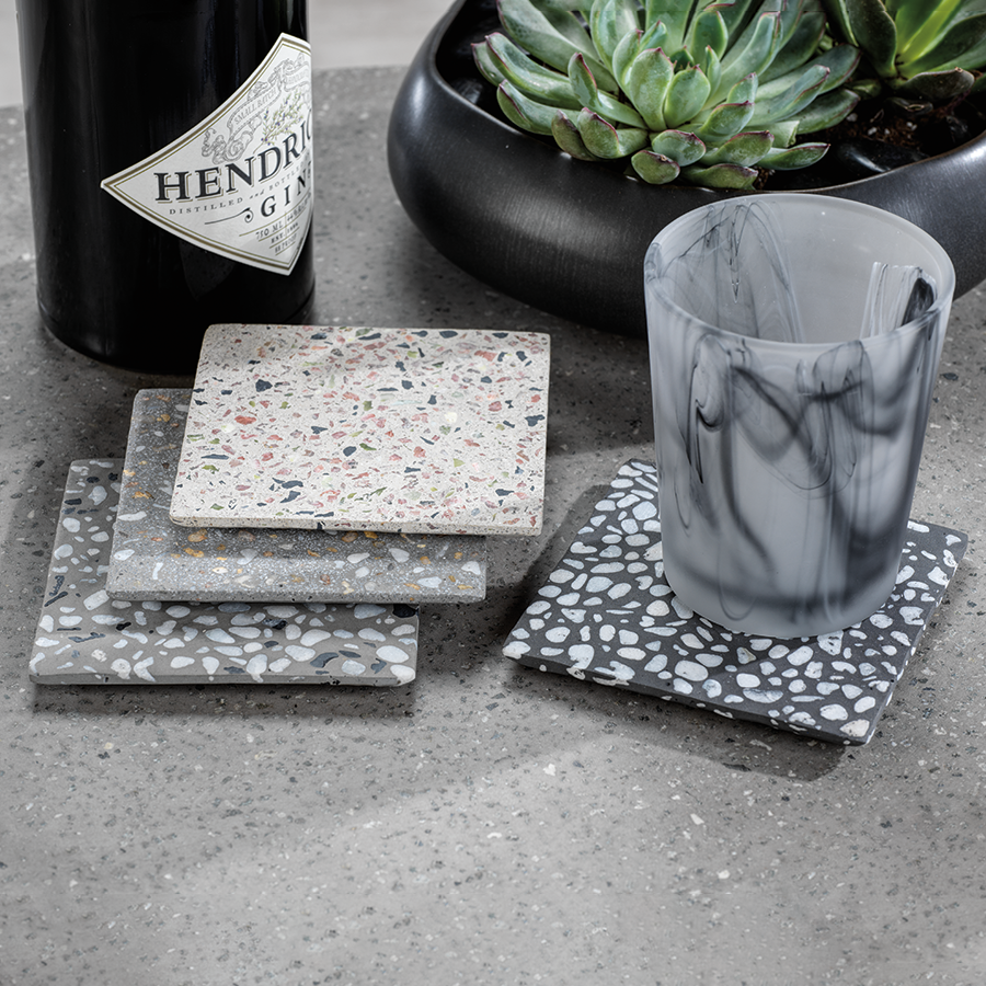 Artisanal Square Terrazzo Coaster Set in Quartz