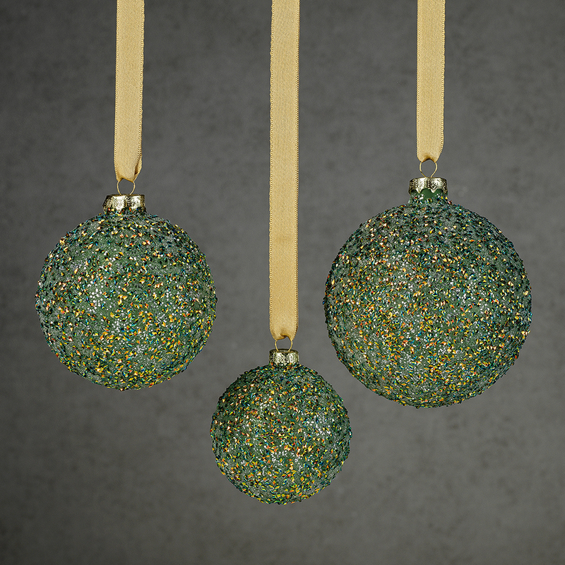 Beaded Tinsel Green Glass Ball Ornaments - Set of 6