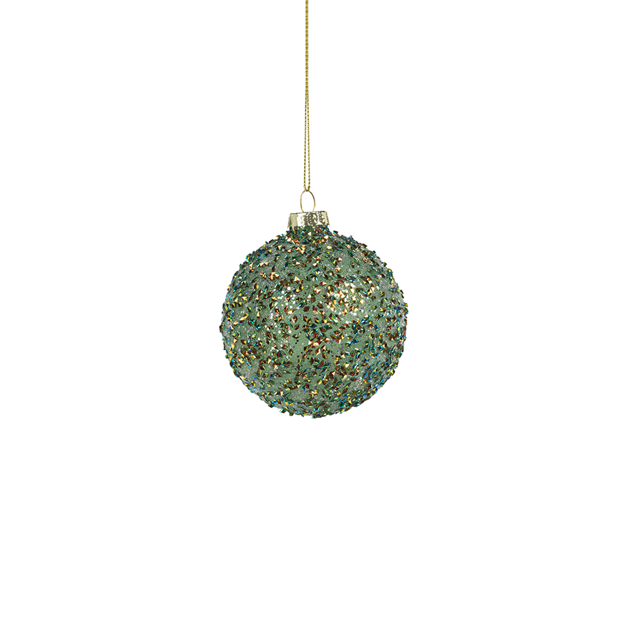 Beaded Tinsel Green Glass Ball Ornaments - Set of 6