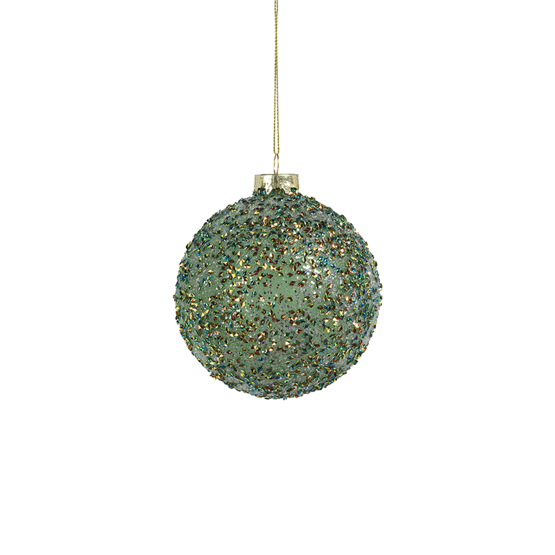 Beaded Tinsel Green Glass Ball Ornaments - Set of 6