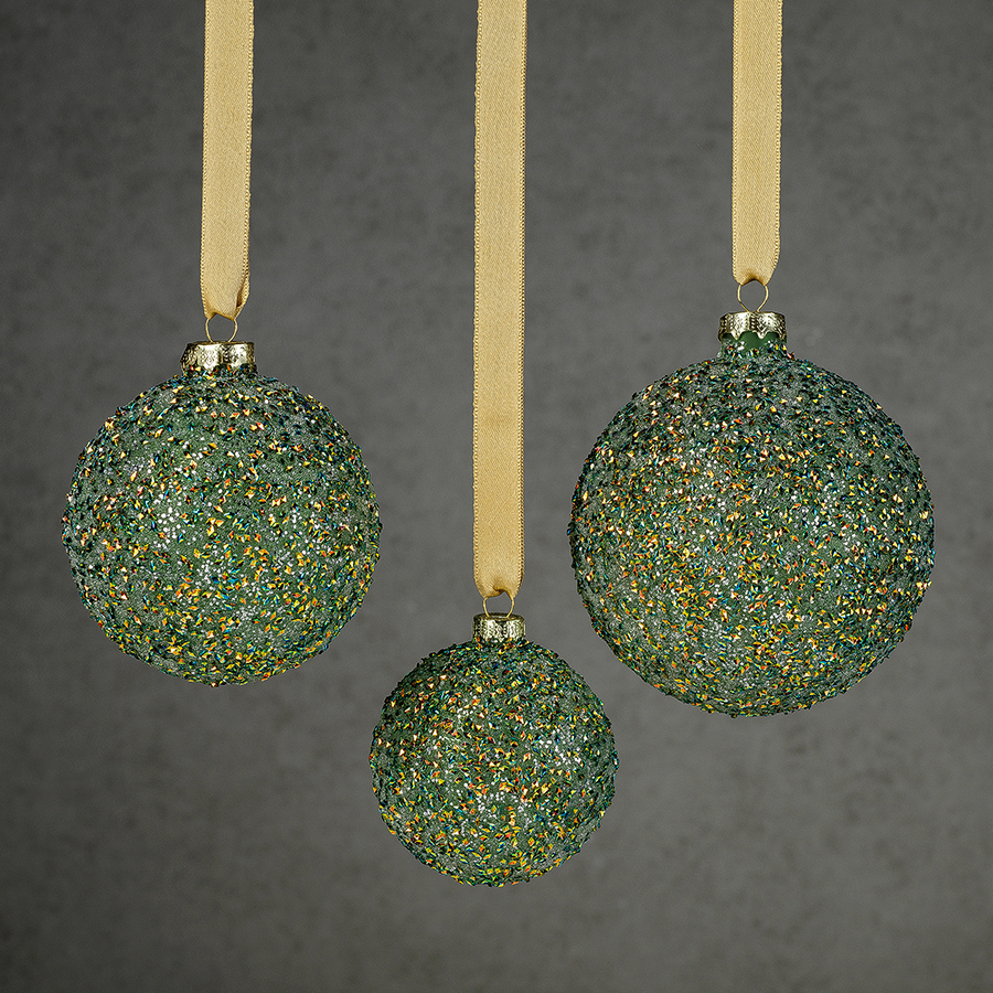 Beaded Tinsel Green Glass Ball Ornaments - Set of 4