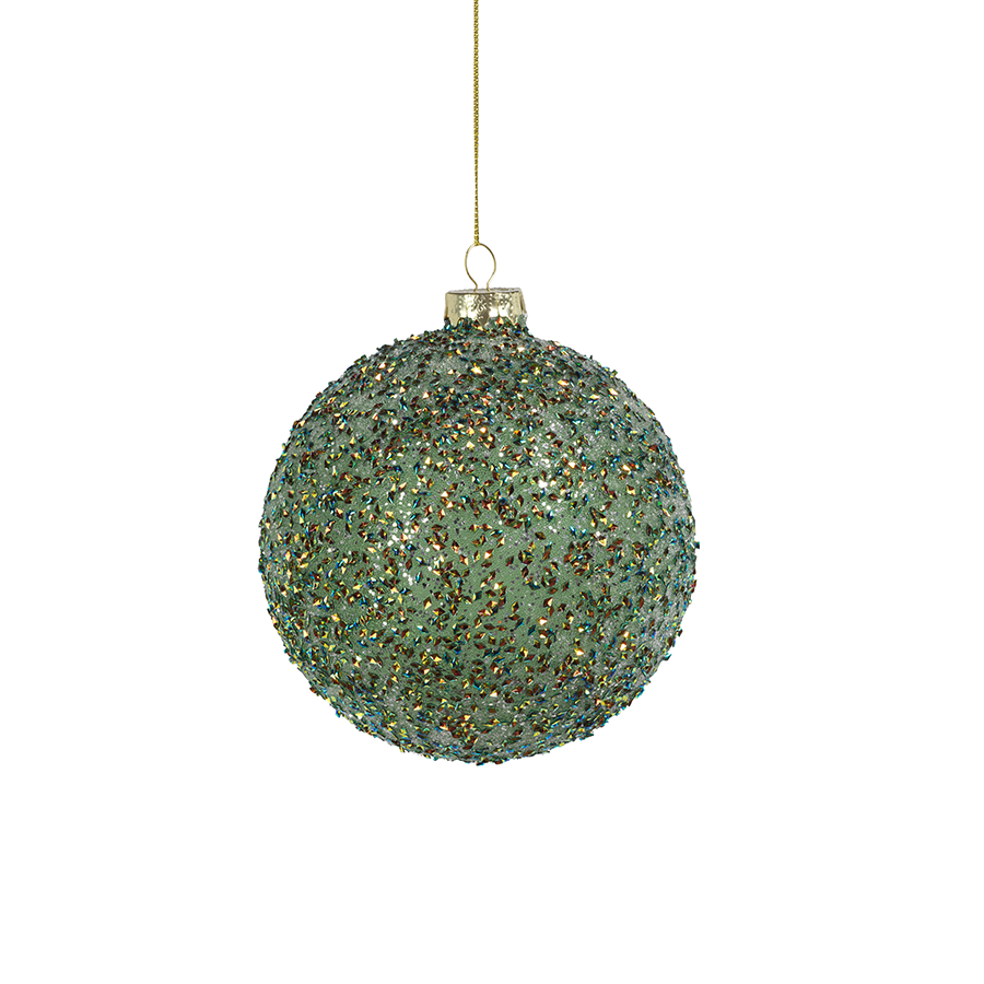 Beaded Tinsel Green Glass Ball Ornaments - Set of 4