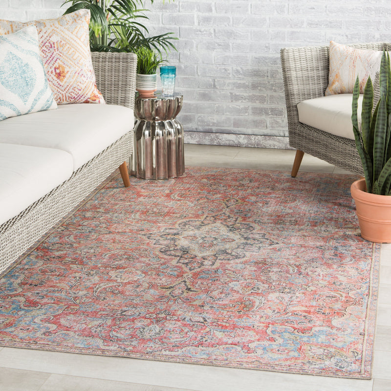 Foix Indoor/Outdoor Medallion Red & Light Blue Rug