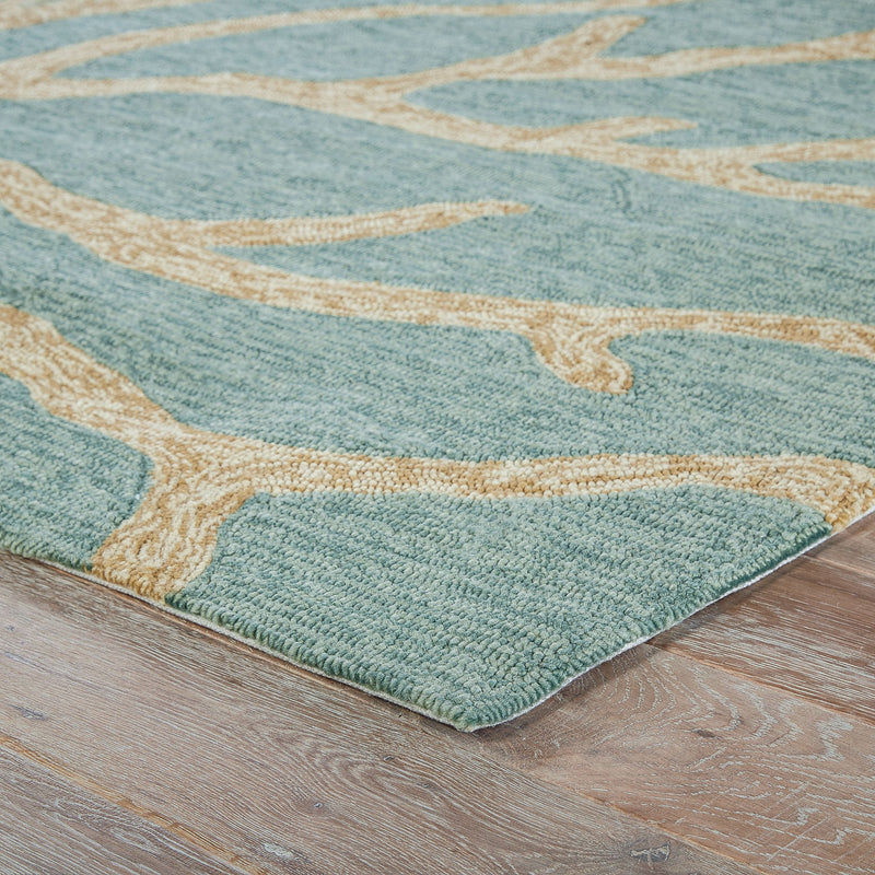 Coral Indoor/ Outdoor Abstract Teal & Tan Area Rug