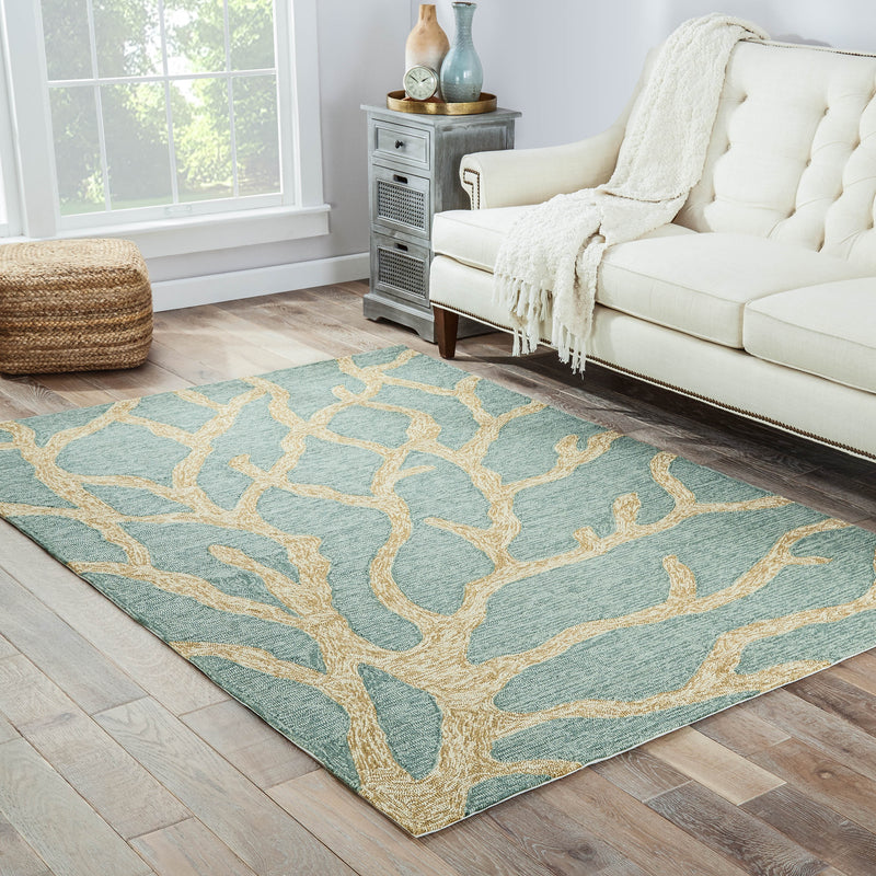 Coral Indoor/ Outdoor Abstract Teal & Tan Area Rug